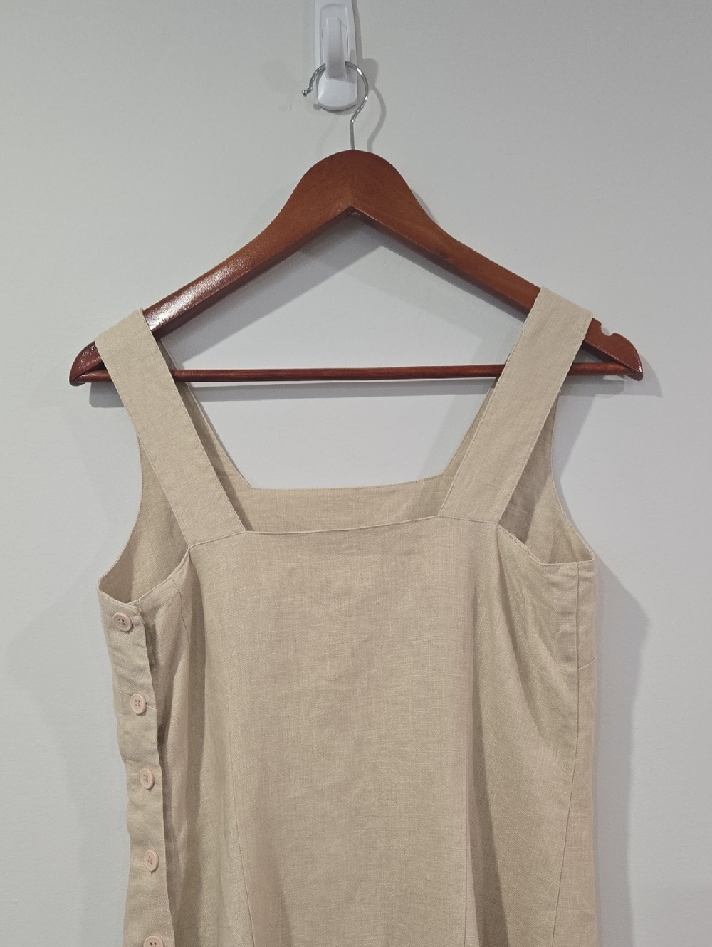 Retro 90's Beige Linen Square-Neck Ralphcore Normcore Midi Dress - Picture 6 of 10